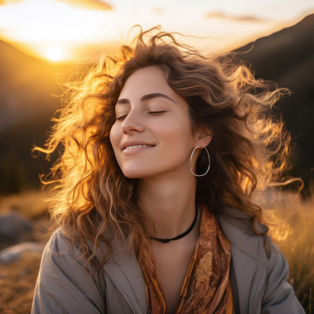 Portrait of happy woman, enjoying sunset. Closed eyes in field.の素材