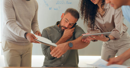 Phone call, multitasking and man with workflow crisis, business and conversation with planning,...