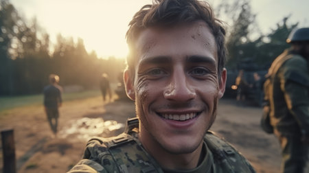 Selfie of happy soldier at base camp. Soldiers seen in background.の素材