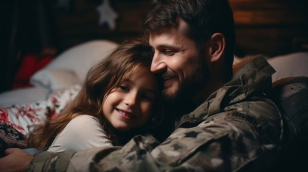 Close-up portrait of soldier hugging child on couch. Veteran homecoming concept.の素材