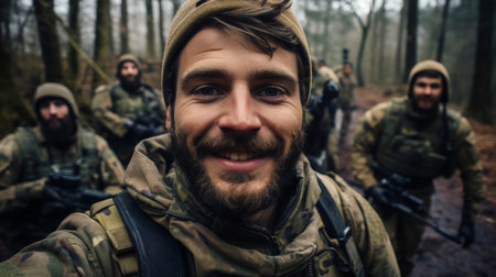 Selfie of happy group of soldiers. Team work, friends.の素材