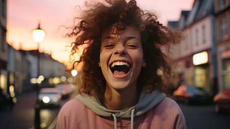 Happy young woman in street..Laughing or shouting eyes closed. Freedom concept.の素材