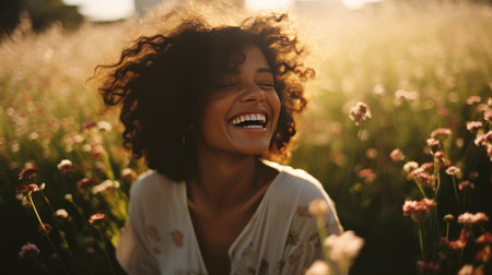 Happy young woman. Laughing in field of flowers at sunset.の素材