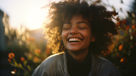 Happy young woman. Laughing in field of flowers at sunset.の素材