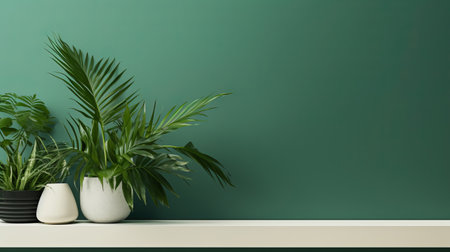 Green wall and plants with copyspace. Marketing advertising platformの素材