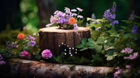 Tree stump with flowers in green forest with copyspace. New life conceptの素材