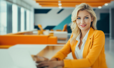 Business professional sitting at table in modern office. Business concept.の素材