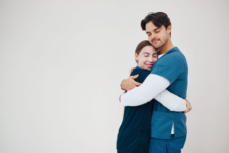 Doctor, colleagues and hug smile at healthcare clinic, support or work stress. Medical...