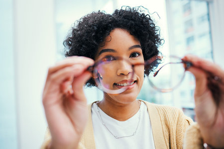 Vision, glasses and woman with frame for eye care, wellness and check lens for prescription closeup....