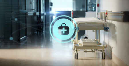 Hologram, medicine and a bed in the corridor of a hospital after work, ready for an emergency or...