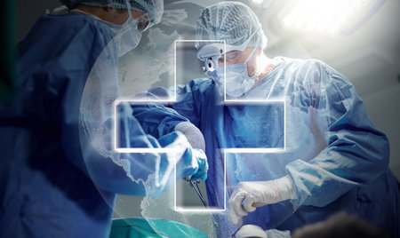 Surgery, people and global plus sign overlay for ICU emergency, wound healing service or clinic operation support. Dark room theatre team, worldwide healthcare icon or surgeon teamwork on saving lifeの写真素材