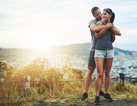 Mockup space, nature or couple hug on date for love, romance or care with freedom to relax. Embrace,...