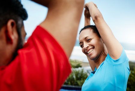 People are stretching, fitness and start training with athlete, personal trainer or couple ready for workout outdoor. Health, wellness and prepare for exercise, sports and flexibility with warm upの写真素材