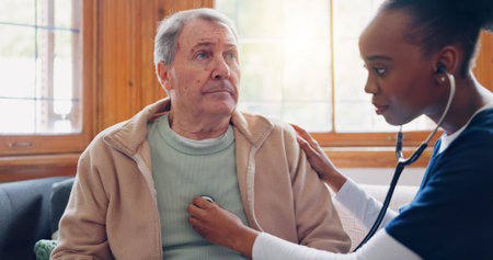 Caregiver, senior patient or breathing for healthcare service, nursing or heart check in hospital...