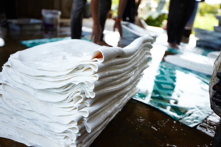 Rubber, manufacturing and closeup of sheet in workshop, factory and production warehouse. Sustainable business, industrial agriculture and equipment for rolling resource, plastic and natural materialの写真素材