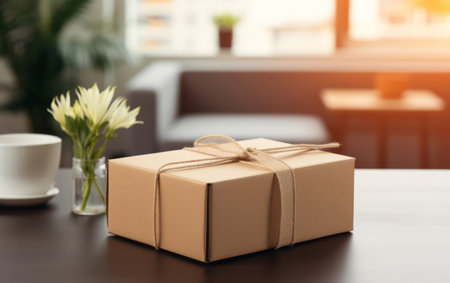 Package on table. lounge in background. Delivery concept.の素材