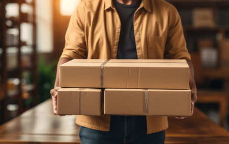Delivery man holding packages. Delivery concept.の素材