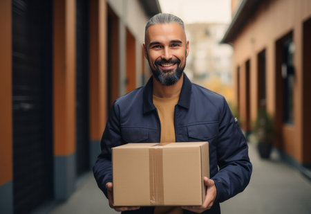 Happy uniformed delivery man in city street holding Box.の素材