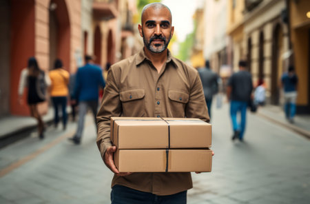 Delivery man holding boxes or packages in street.の素材