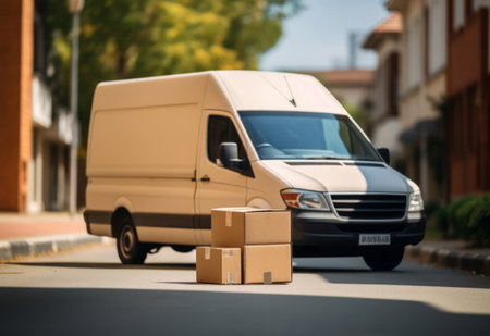 Courier van parked in middle of town street. Boxes in front of vehicle. Delivery concept.の素材