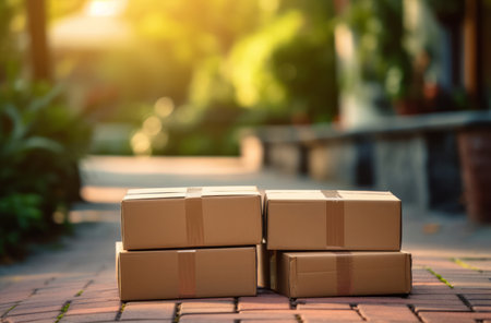 Package on table. Street in background. Delivery concept.の素材