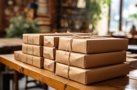Parcels or gifts piled on table. Delivery concept.の素材