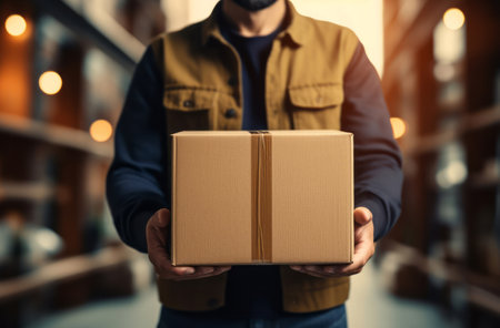 Delivery man holding packages standing in street. Delivery concept.の素材