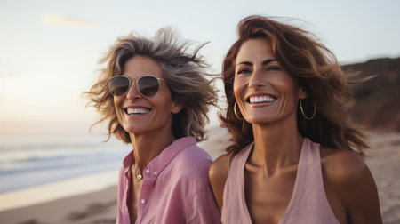 Happy senior friends walking on empty beach. Sunset, golden hour.の素材