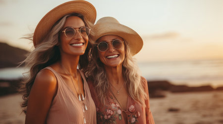 Happy senior, mature friends posing on empty beach. Sunset, golden hour.の素材