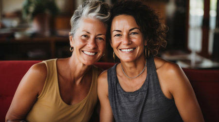 Happy senior friends posing for camera. Lifestyle concept.の素材