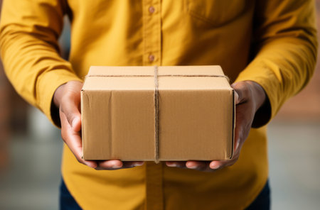Delivery man holding boxes or packages in street.の素材