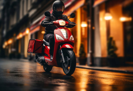 Red delivery Scooter riding down city street. Night time delivery. Delivery concept.の素材