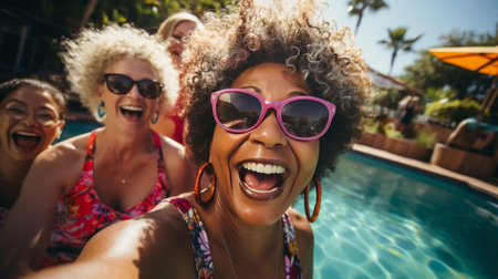 Group selfie of senior woman in pool. Happy seniors on vacation.の素材