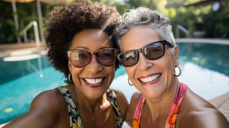 Group selfie of senior women at poolside. Happy seniors on vacation.の素材