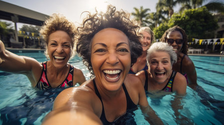Group selfie of senior women in pool. Happy seniors on vacation.の素材