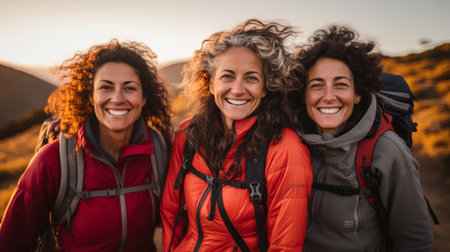 Group of senior women posing during sunset or sunrise hike. Healthy lifestyle concept.の素材