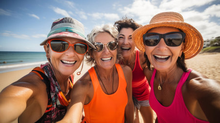Group selfie of senior women on beach. Happy seniors on vacation.の素材