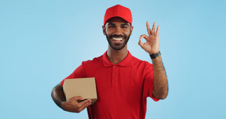 Delivery man, box and okay hands for success, product excellence and courier services in studio....
