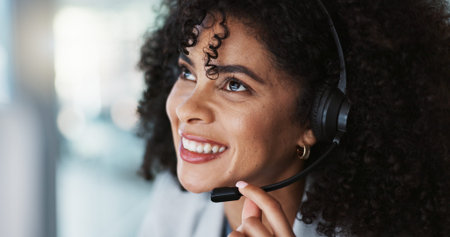 Happy woman, face and consulting in call center, customer service or telemarketing at office....