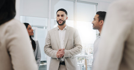 Happy businessman, discussion meeting in teamwork, agreement or promotion at office. Business people...