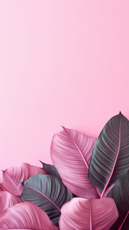 Leaves background with pink copyspace. Product presentation invitation template.の素材