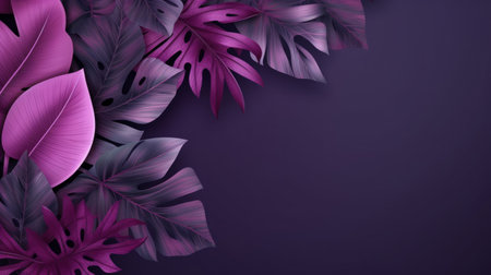 Leaves background with purple copyspace. Product presentation invitation template.の素材