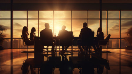 Silhouette of group of business people having a meeting or brainstorming in a boardroomの素材