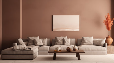 Luxury living room interior. Brown walls, modern lounge set and abstract art on backgroundの素材