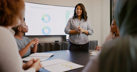 Business woman, meeting and presentation on screen for management, workshop or data analysis. Female manager coaching office team in conference of strategy, analytics feedback or collaboration reviewの写真素材