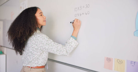 Female teacher, writing and board for mathematics, study and happy for education career with...