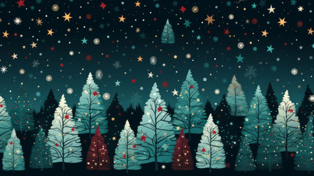 Retro pattern with stars and trees. Christmas background with snowflakes.の素材