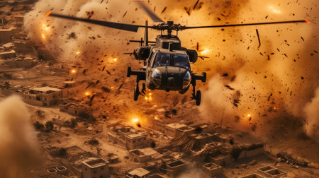 Helicopter flying away from explosion over town. War, destruction. Battlefield.の素材