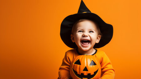 Portrait of a happy toddler wearing a pumpkin costume for halloween celebrationの素材