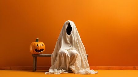 Toddler waering a ghost costume for halloween celebration on orange wallの素材